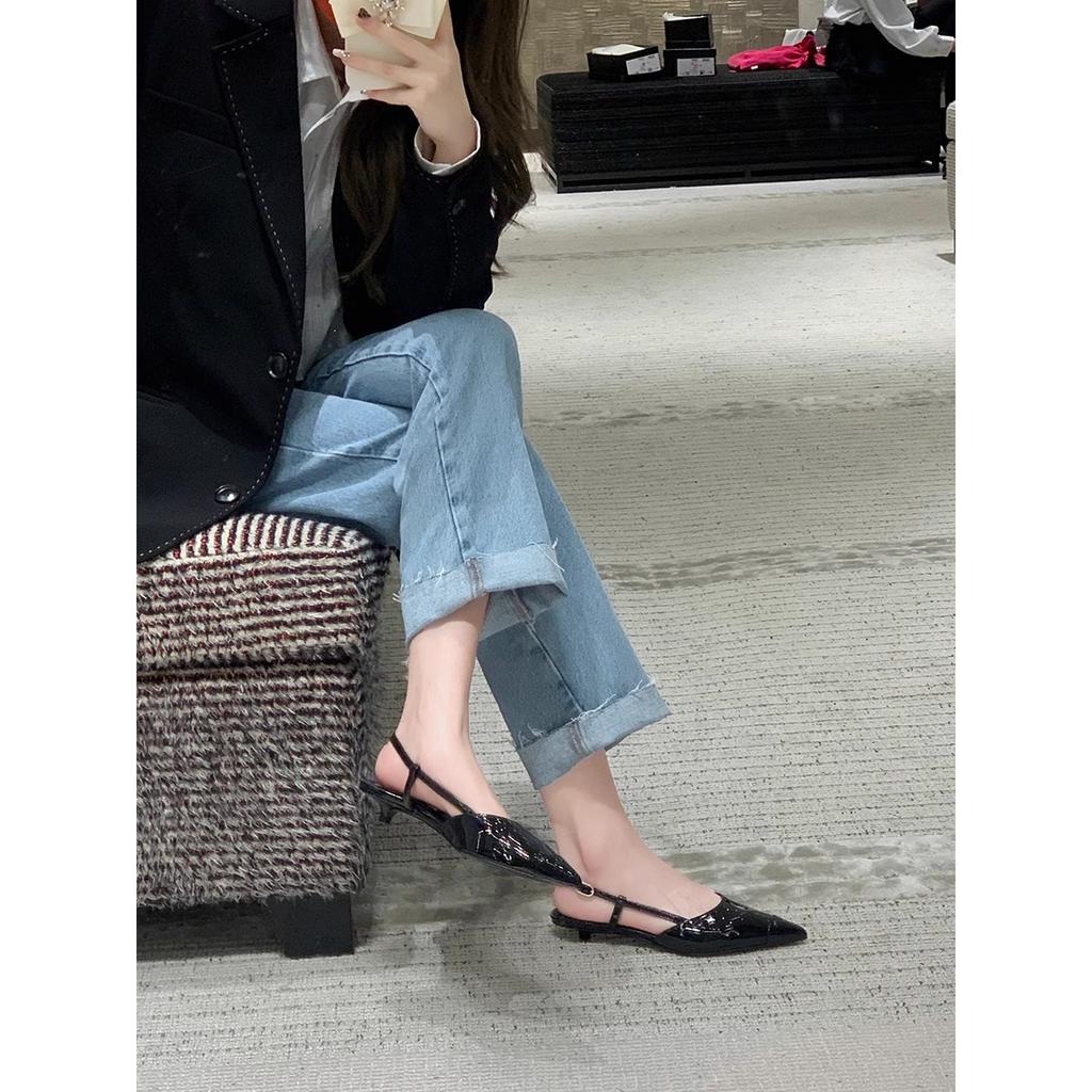 Cowhide new pointed head empty bag head short heel sandals kitten and single shoes women