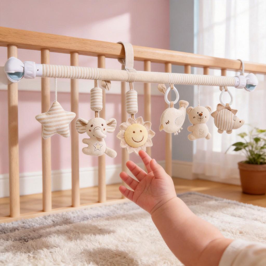 Baby Stroller Hanging Wind Chime Toy With Plush Bear And Elephant Clamps For Sensory Development