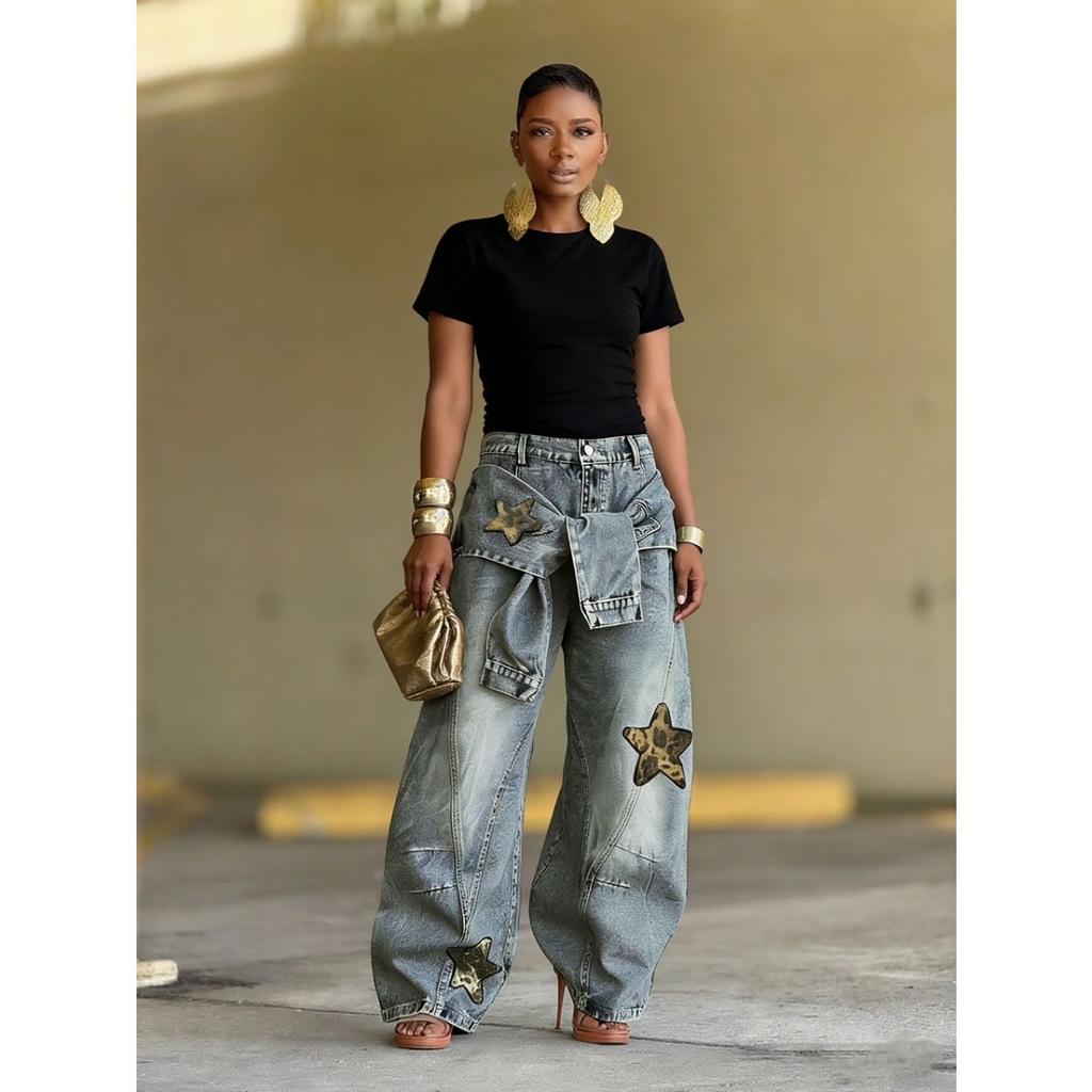 VIONA Damen-Jeans Star Vintage Altblau Gewaschen Baggy Jeans Amerikanisch Locker Weites Bein Hosen Mode Hip-Hop