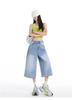 Gedijie Cat Beard Craft Wash Loose Cowboy Mid Pants for Women's New Wide Leg Seven Leg Pants