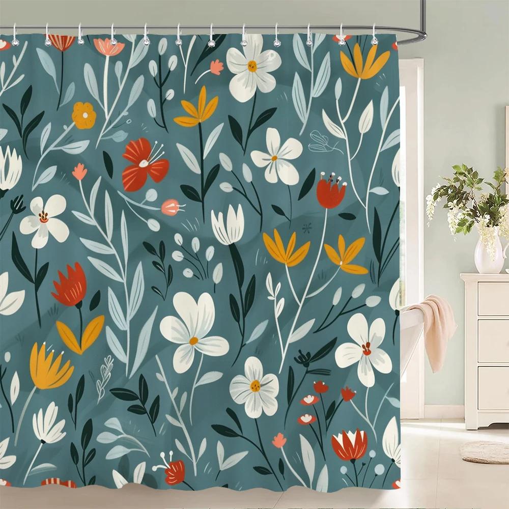 Home Shower Curtains for Bathroom Waterproof Fabric Spring Floral  and Plants Bathroom Curtains with Hooks Decorative Curtain