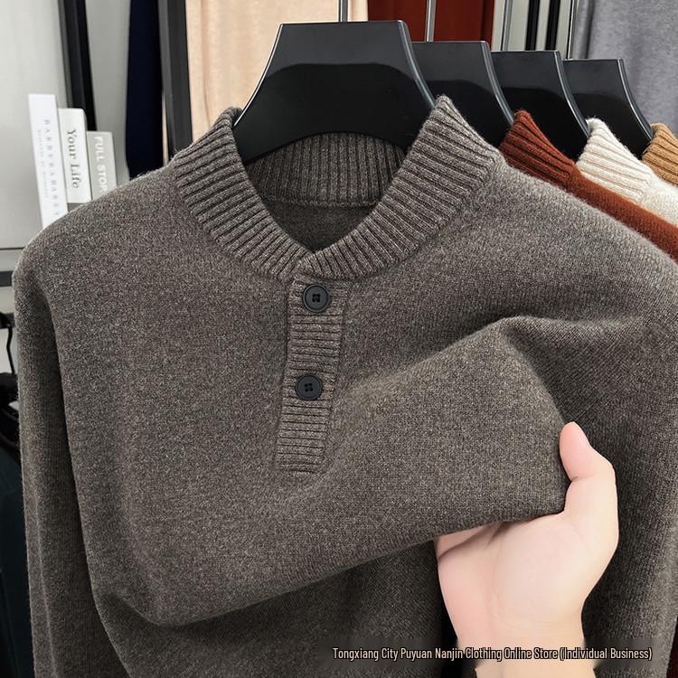Men's Wool Sweater - Half-Button, Half-High Collar, Long Sleeve, Casual Knitwear for Autumn/Winter