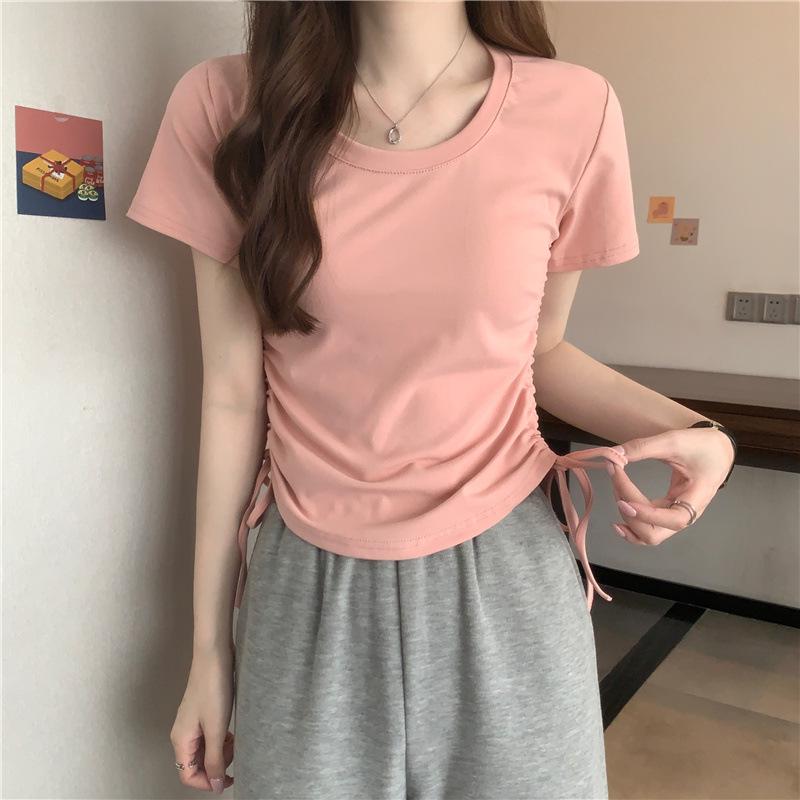 

Women s Pink Short Sleeve Round Neck Slim Fit T-shirt with Drawstring Waist – Unique Summer Design Large