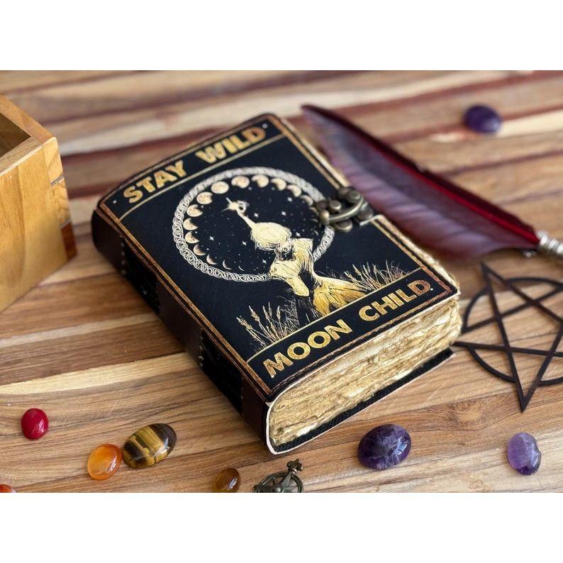 Slunce a měsíc Ručně vyráběný kožený deník Papír s ručním okrajem, Prázdná kniha kouzel stínů grimoár deník, dárek pro něj cestovní kniha