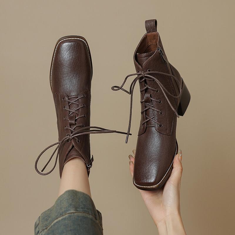Fashion NEW Autumn/Winter Women Boots Genuine Leather Shoes for Women Square Toe Chunky Heel Shoes Lace-up Modern Boots Plus Size Shoes