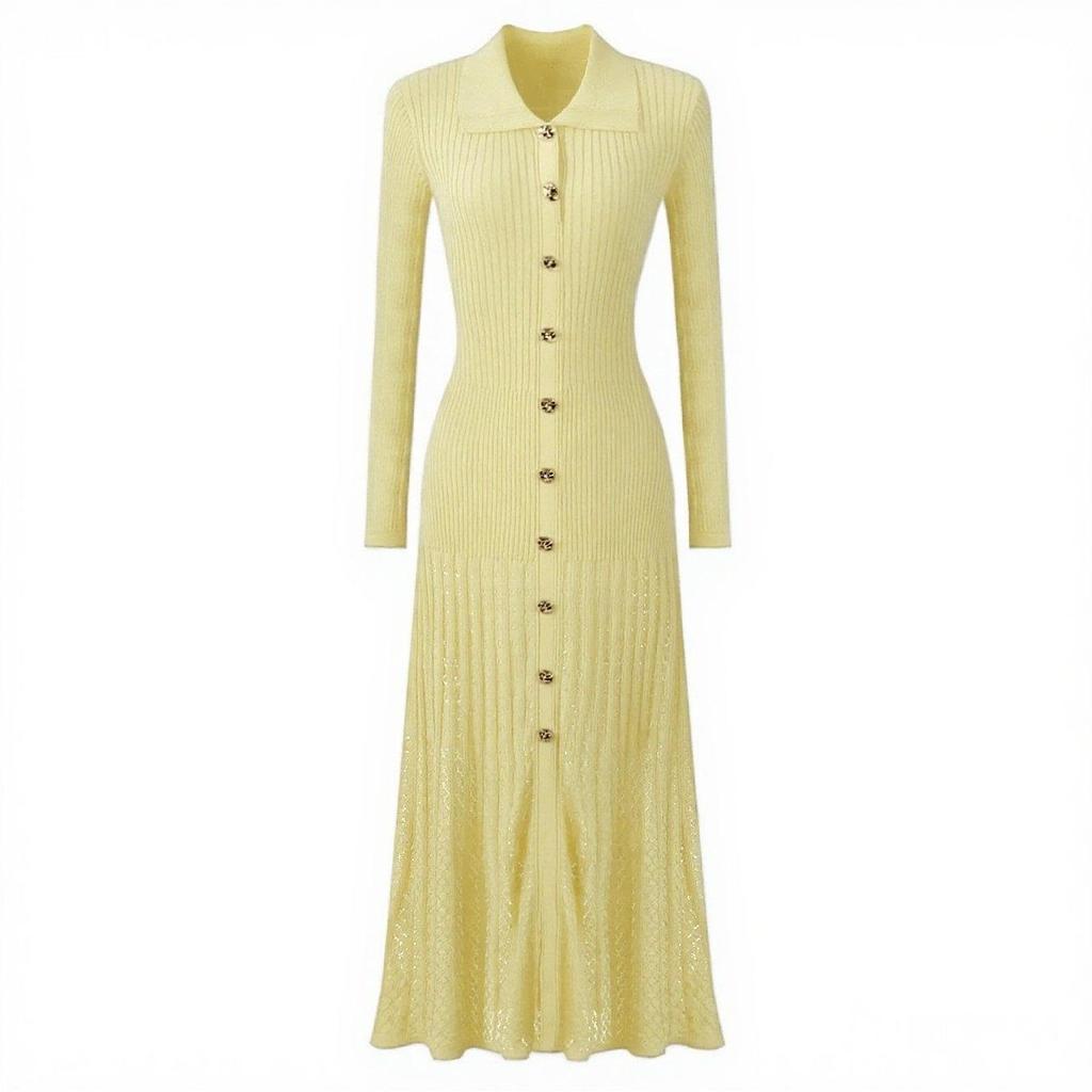 Přiléhavé evropské a americké pletené šaty s polo límečkem a rozšířenou sukní 2025 - Dámské středně dlouhé šaty se stahujícím pasem