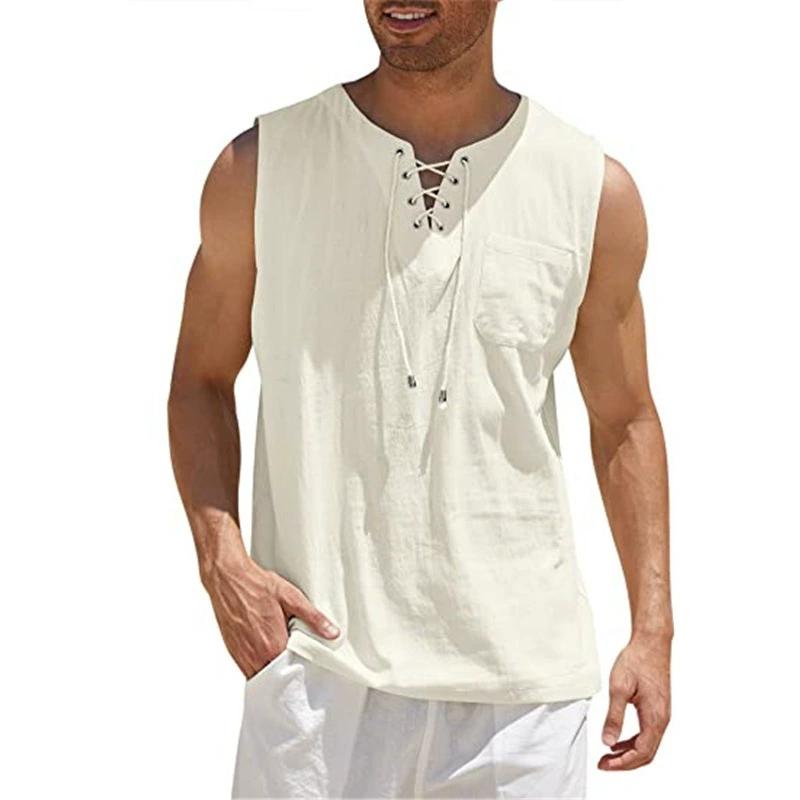 Canottiere da uomo Cotone Lino Traspirante Leggero Colore Unito Design con Coulisse Scollo a V Sensazione Fresca Stile Vacanza Top Maschili