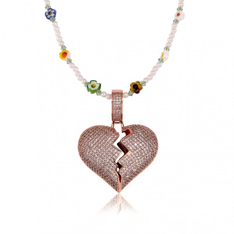 Heart Shaped Broken Pendant Couple Necklace Hip Hop Full Zircon Gold Colorful Two Tone Jewelry