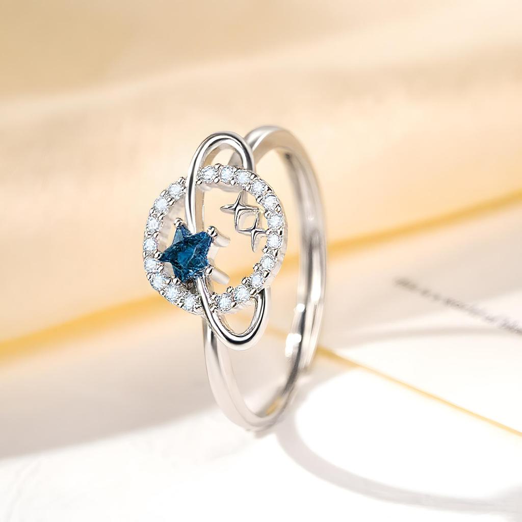 Adjustable Zirconia Ring with Blue Diamond Star Design