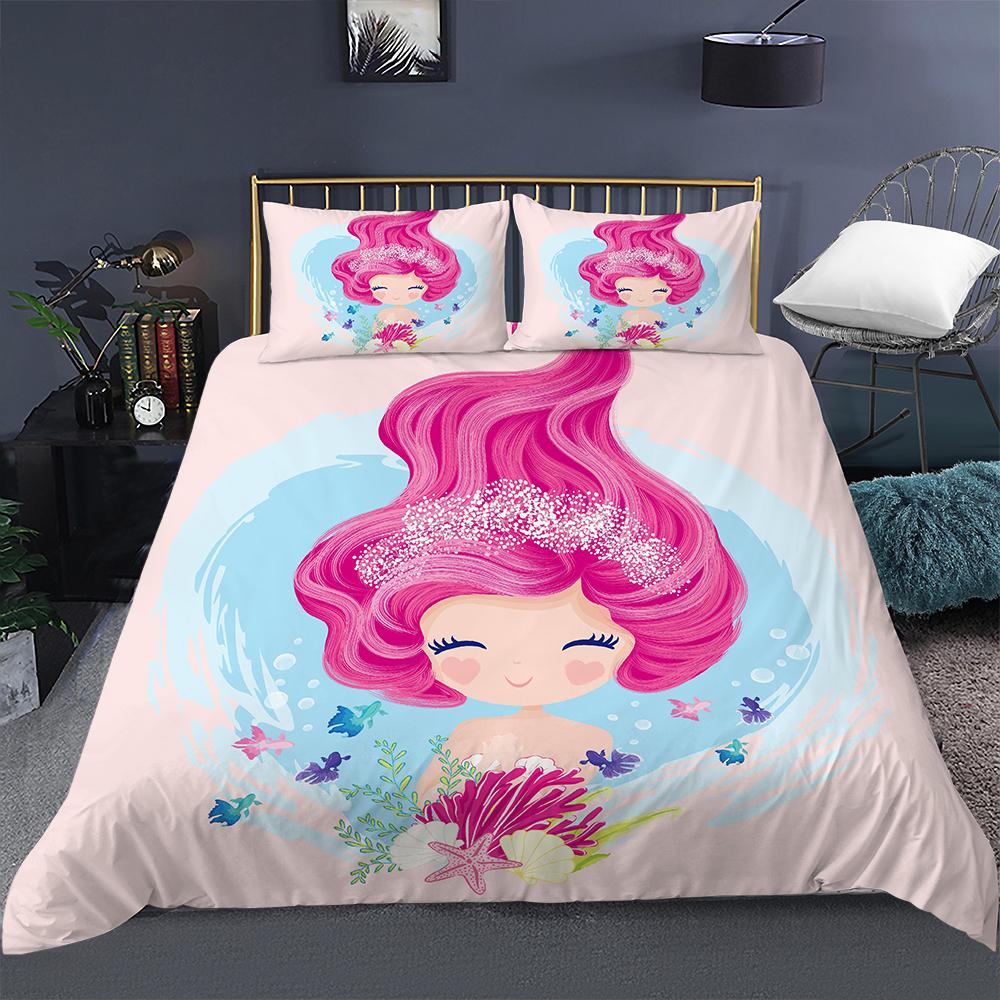 Bedding Set Girls Mermaid Duvet Cover Set With Pillowcase Cartoon Edredones Niños Girl Princess Quilt Cover Full Size Bedspread