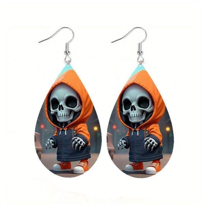 Hooded Halloween Themed Jacket Skull Pattern Droplet Shaped Acrylic Earrings