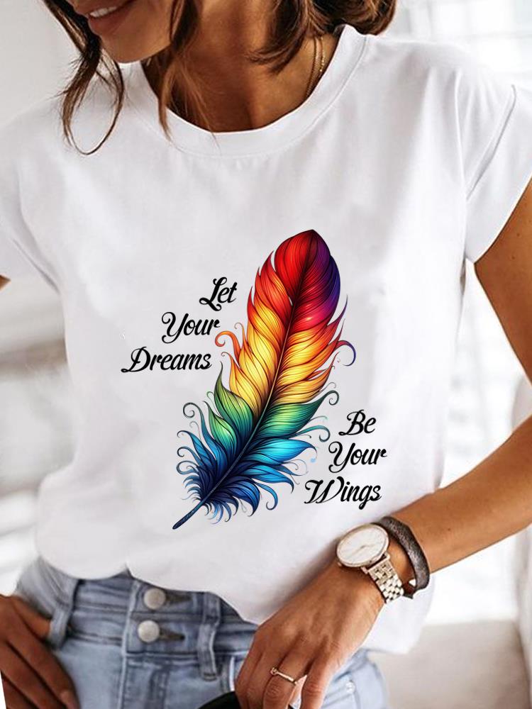 (Asian Size)  Clothing T Shirt Fashion feather trend sweet Tee Print Lady Women Casual Top Short Sleeve Female Graphic T-shirts