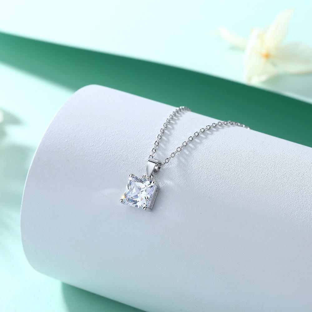 European and American silver jewelry fashionable and simple 925 sterling silver square zircon pendant crystal necklace women's light luxury