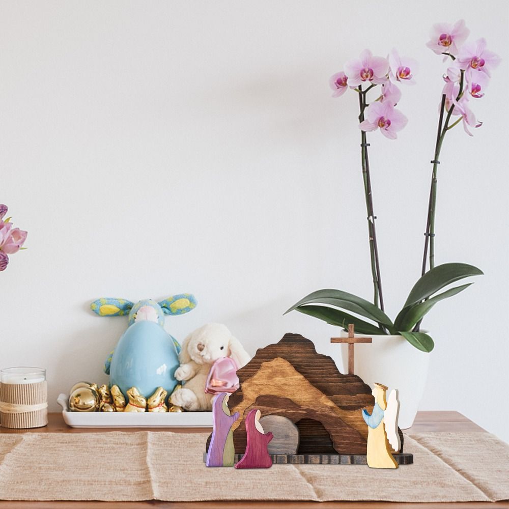 Wooden Cross Empty Tomb Statue Reusable Cross Jesus Tomb Tray Set  for Desktop Decoration