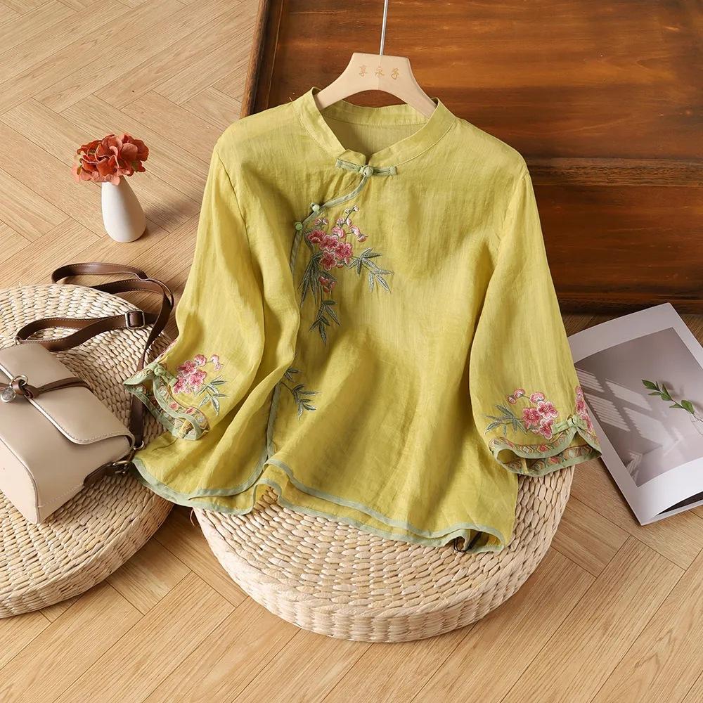 Summer New Retro Buckle Stand-up Collar Diagonal Placket Ethnic Style Embroidered Cotton and Linen Seven-quarter-sleeved Shirt Top Women