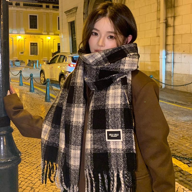 Women Plaid Print Knitted Scarf Headscarf Ladies Casual Sweet Tassel Warm Scarve Mujer Wrap Shawl Student Young Girl New Winter