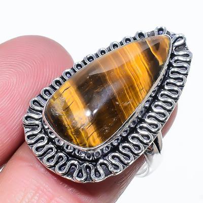 Gema Ojo de Tigre Natural Hecho a Mano Plata de Ley 925 Anillo de Regalo Talla 8 B3l14