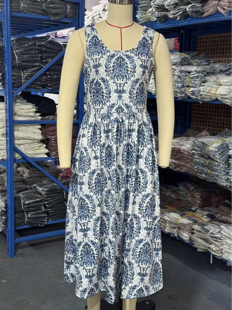 Letní maxi šaty s halter krkem a potiskem, s kapsami - Dámské bez rukávů, evropský a americký styl