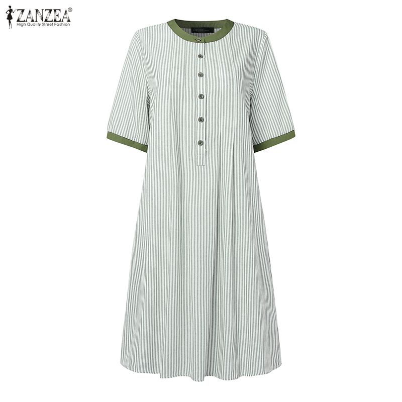 ZANZEA Women Casual Round Neck Summer Half Sleeve Stripe Dress