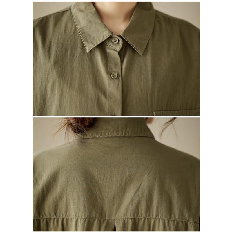 Long Sleeve Art Retro Washed Large Size Loose Blouses Skinny Lapel Collar Single Breasted Shirt Chest Pocket Top for Women