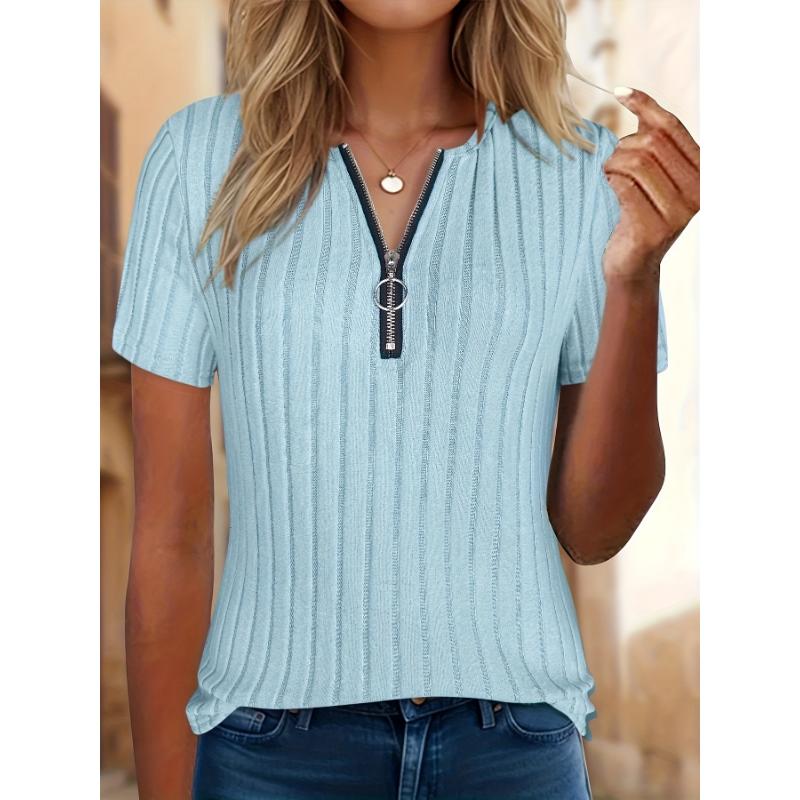 Ladies Casual Elegant Short Sleeve T Shirt Zipper Design Spring Summer Autumn Daily Wear