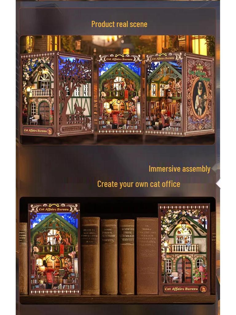 Cat's Gratitude 3D DIY Bookend House Model Toy