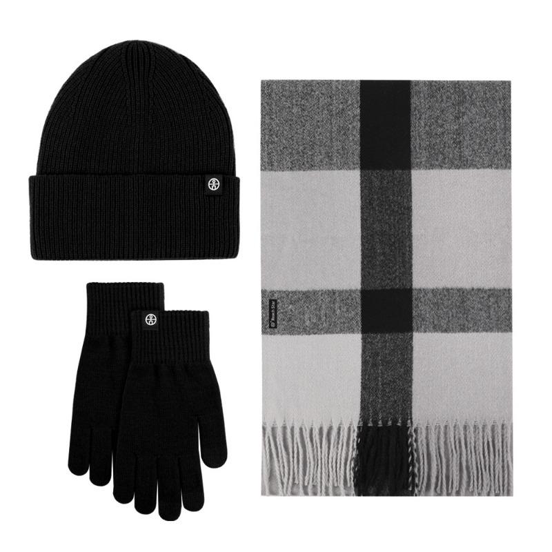 Plaid scarf winter shawl warm suit outdoor cold proof thickened knitted hat scarf gloves three-piece set