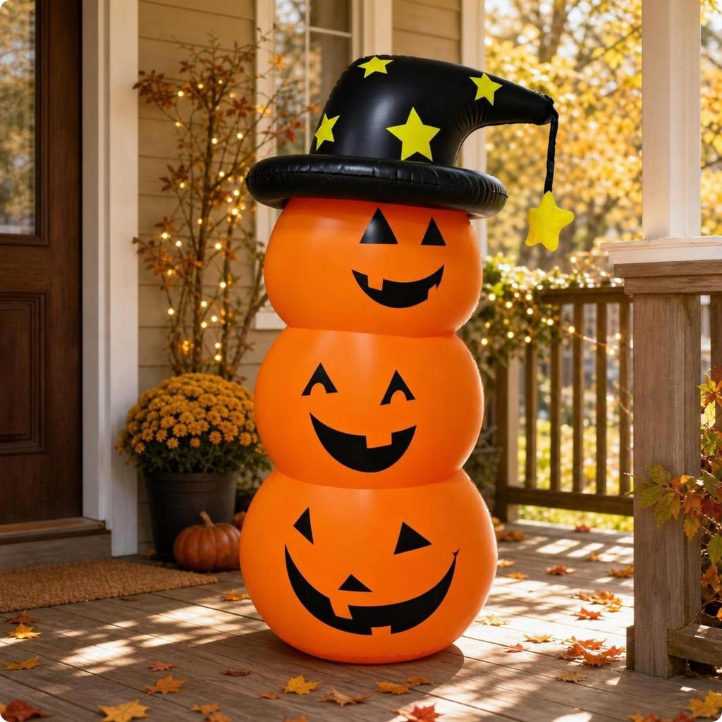 Inflatable Pumpkin Stack Long-Lasting Stacked Pumpkins with Witch Hat Waterproof