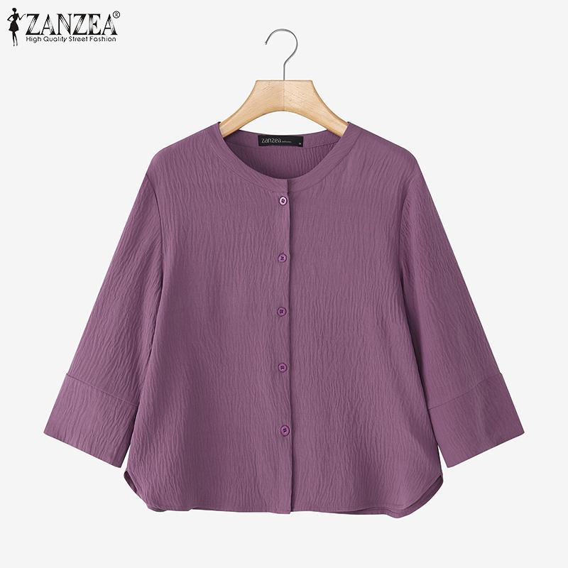 ZANZEA Women Casual Round Neck Loose 3/4 Sleeve Blouse