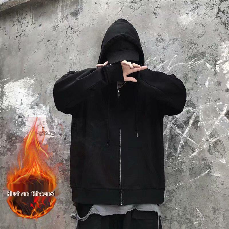 Pánský nadměrný kardigan s kapucí a sametovou podšívkou - Volný střih, Trendy korejský styl pro podzim/zimu