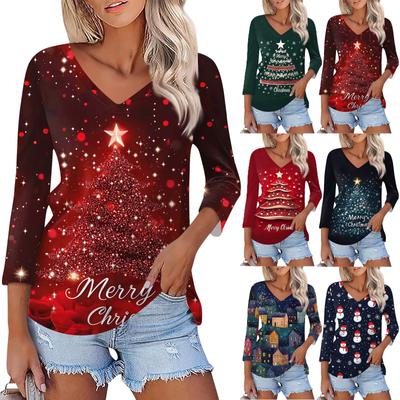 Shirt For Women's Fashion Casual V Neck 3/4 Sleeve Loose Christmas Printed T-Shirt Ladies Top