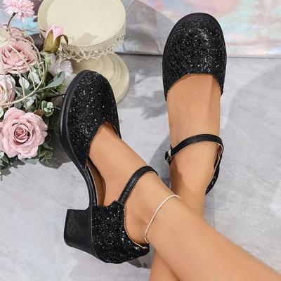2025 Damenschuhe Übergröße Damen High Heels Trendige Schwarze Glitzer Knöchelriemen Elegant Klobige Absätze Schuhe für Damen