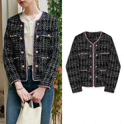 Primavera e outono preto e branco xadrez duplo breasted tweed plus size casaco feminino