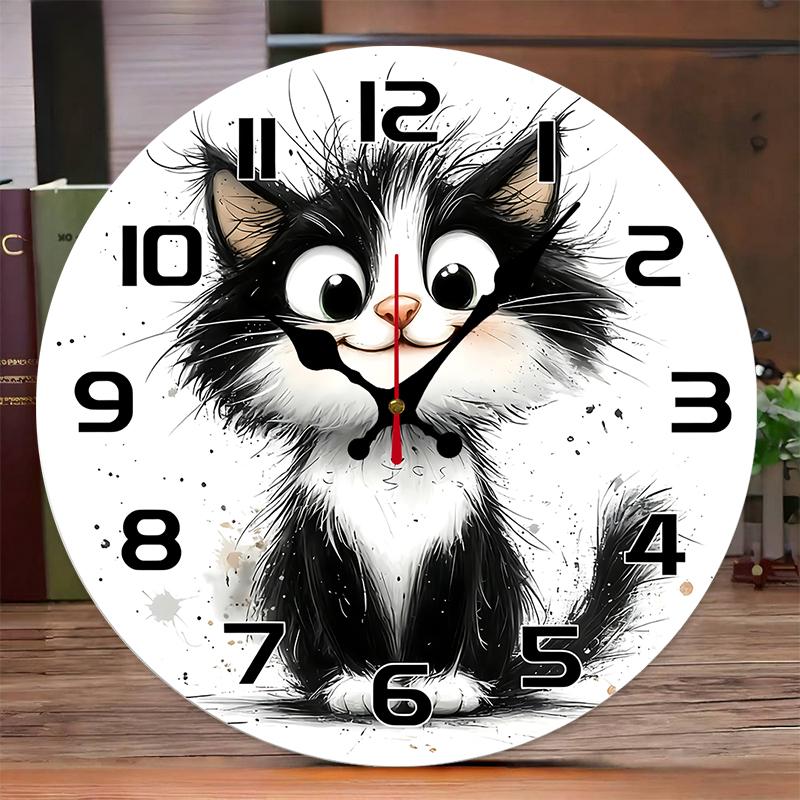 Adorable Kitten Wooden Round Silent Hanging Wall Clock, Suitable For Living Room, Office, Study Room, Bedroom, Home Decoration
