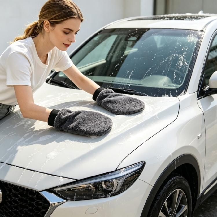 Vehicle Cleaning Mitt Pair with Double-Sided Soft Fleece Texture and Elastic Cuff for Wet Dry Washing and Household Wiping