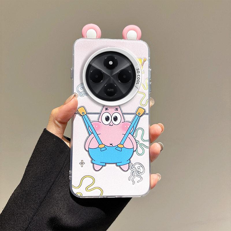 KEYSION Cute Ear Cartoon Case for Redmi 14C with Lanyard Soft Silicone+PC Shockproof Phone Back Cover for Xiaomi POCO C75