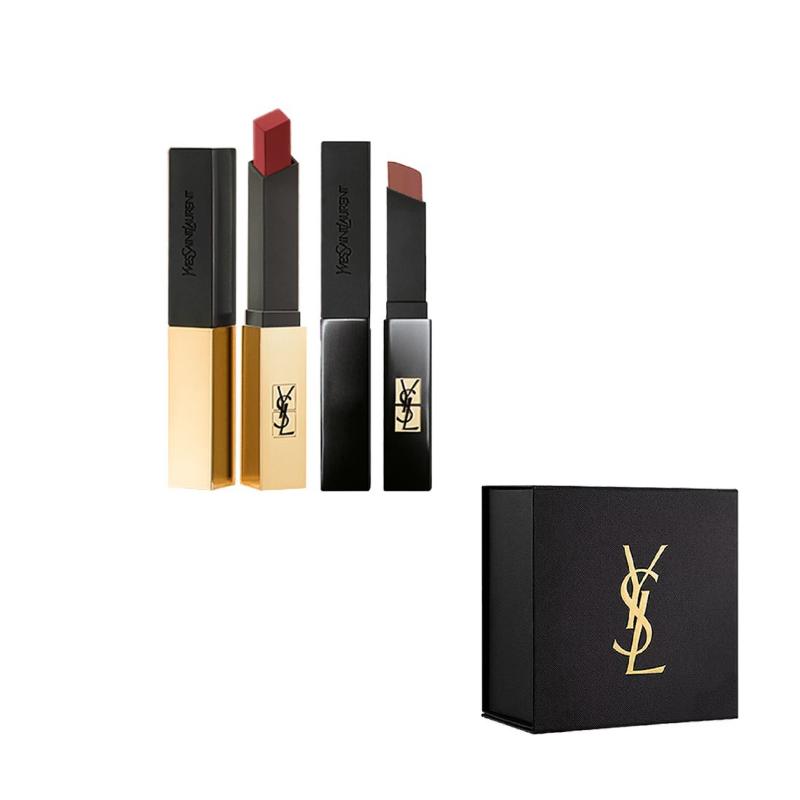SAINT LAURENT Помада Двойная Коробочка, Золотой Брусок С Мелкими Черными Полосками Вельветовая Стойкая Матовая Нежная Flap Box