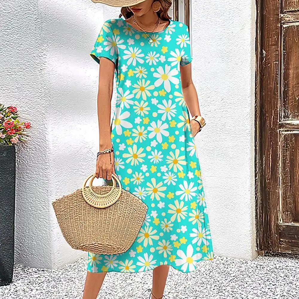 

Элегантная женская одежда, платье с короткими рукавами, платья с раздавленными цветами, вечерняя одежда, летний пуловер с круглым вырезом, уличная одежда 3XL