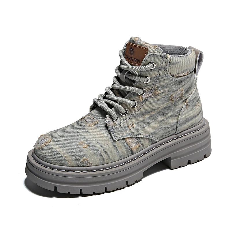 Fashion Denim Women's Ankle Boots Lace Up Commuter Female Boots Patchwork Fabric Platform Woman Low Heel Sports Boots