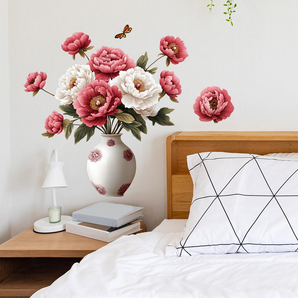 Self Adhesive Vase Peony Flower Wall Stickers Decals Peel and Stick Removable Waterproof for Living Room Bedroom Home Decor