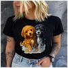 Womens Cotton Black and Brown Dogs Print Tshirt Loose Round Neck Casual Short Sleeve Fashion Top Clothing Summer
