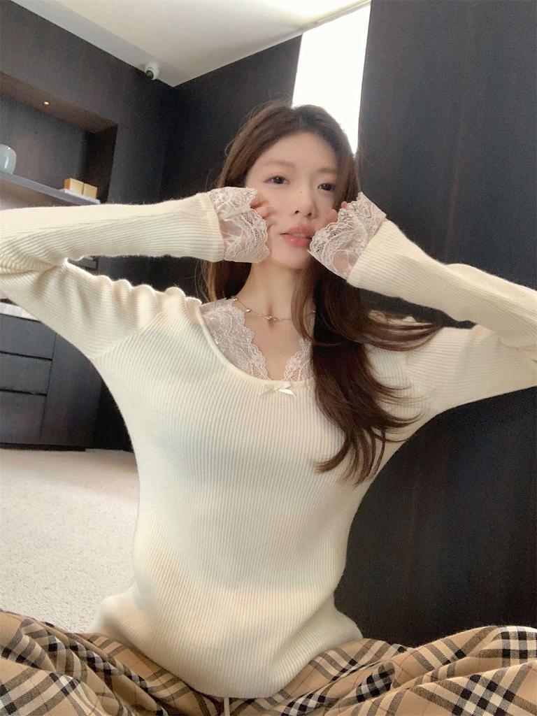 Sexy Spice Girl Neck Lace Splicing Knitted Bottom Shirt Women's Spring Slim Skinny Pit Sweater with Top