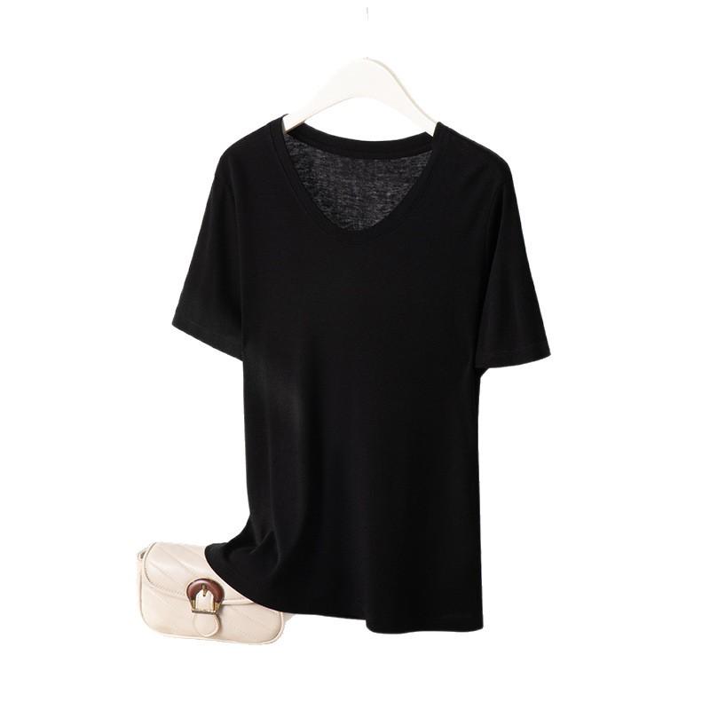 2026 Hangzhou Women's Mulberry Silk Lyocell U-Neck Tee - Lightweight, Breathable, Short-Sleeved Summer Fashion