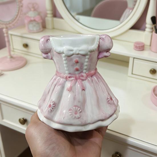 Bow Dress Pencil Cup, Ceramic Desk Organizer, Cute Makeup Brush Holder for Girls Room, Office Gift for Women