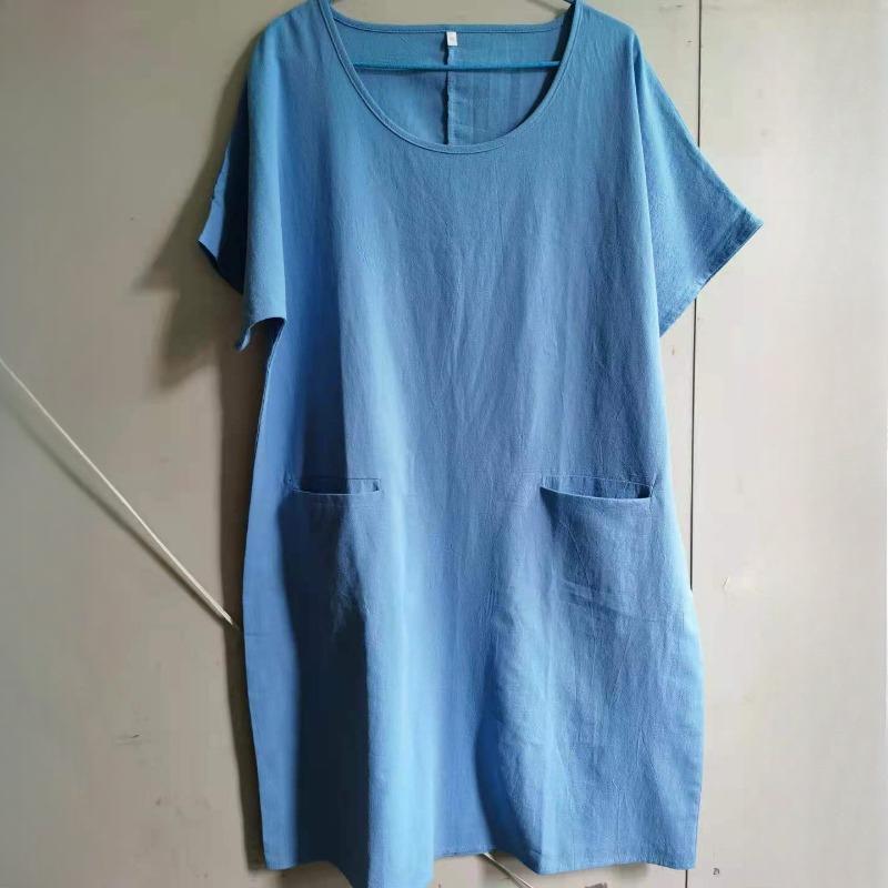 Damen Einfarbiges Sommer-Midikleid Damen Lässiges Lockeres Kleid mit Taschen Übergröße