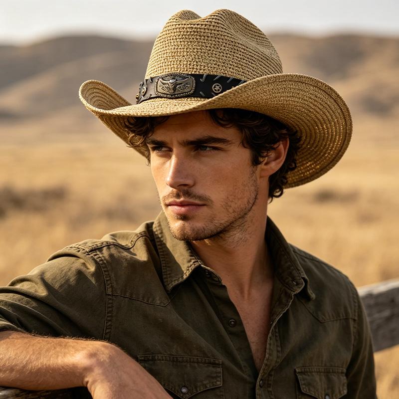 Straw Hat Men's Outdoor Sunscreen Visor, Wide-brimmed Western Cowboy Hat, Retro Casual Face Straw Hat