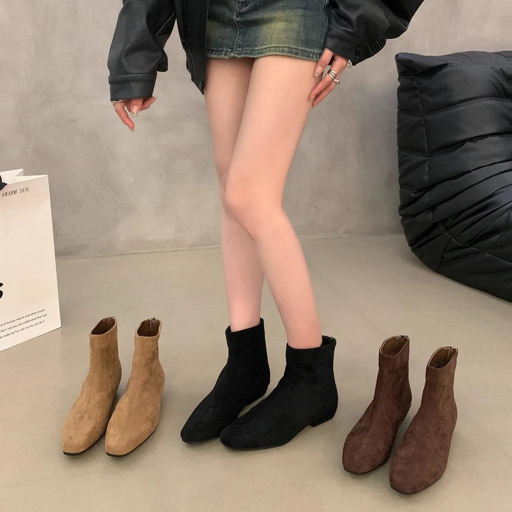 Sheepskin Version~ French Thick Heel Thin Boots Women's Shoes 2025 New Velvet Bare Boots Retro Suede Korean Small Short Boots