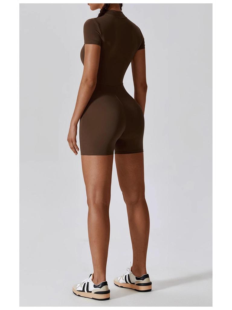 Women's Summer Zipper Short Sleeve Yoga Bodysuit Jumpsuit