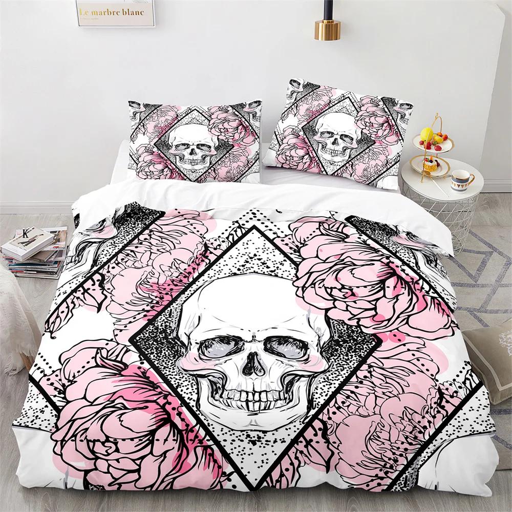 Sugar Skull King Queen Duvet Cover Gothic Skeleton Bones Floral Bedding Set Day Of The Dead Theme 2/3Pcs Polyester Quilt Cover