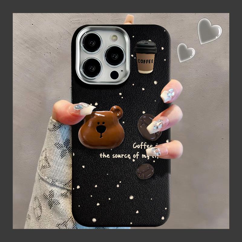 Three-dimensional Coffee Bear Suitable for Apple 16PRO Mobile Phone Case 15 Metal Frame Leather Pattern 14 Large Hole Anti-fall 13 Silicone